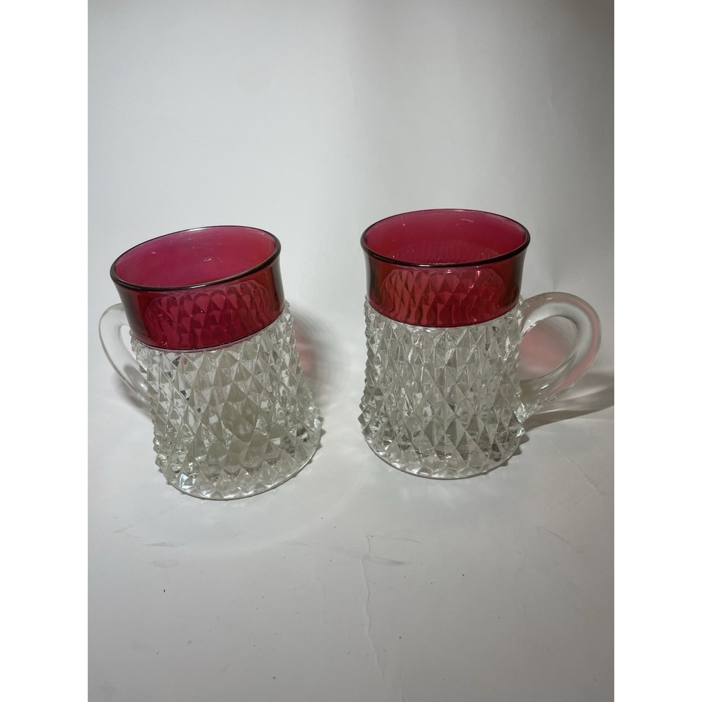 Vintage Indiana Glass Diamond Point Ruby Mug USA,  4.5 In Tall Set of 2